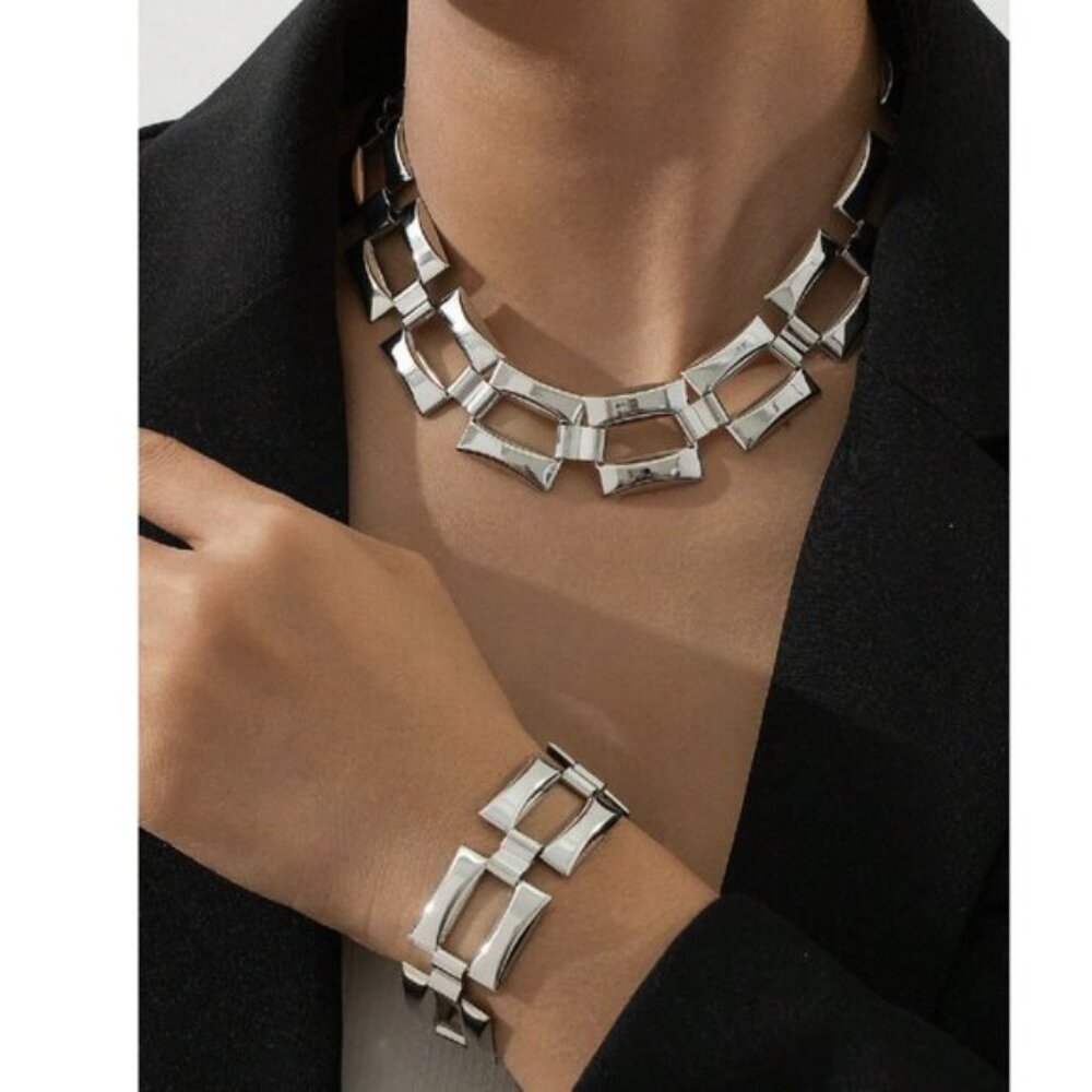 Sterling Silver 925 Geometric Square Link Necklace & Bracelet Set
